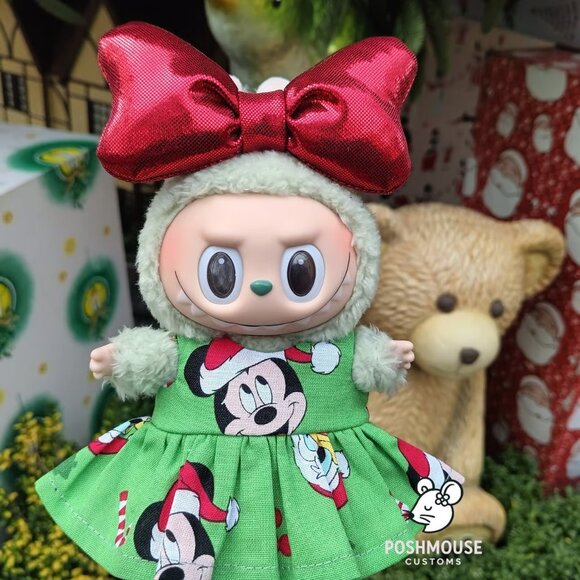 Holiday Christmas Santa Claus Custom Dress and Oversized Metallic Bow for Labubu - Picture 1 of 8